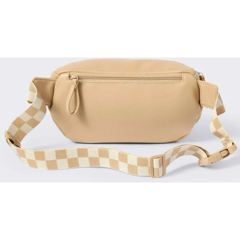 Cloud Island Tan Faux Leather Diaper Fanny Pack Waist Bag Checkered Strap NEW